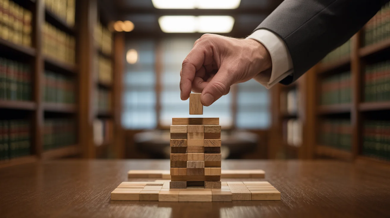 Um homem de terno ajusta cuidadosamente uma peça de madeira em uma torre de blocos, que está montada sobre uma mesa de madeira em um ambiente interno. Ao fundo, prateleiras repletas de livros são visíveis, criando uma atmosfera intelectual e formal. A luz suave ilumina o espaço, destacando os detalhes das peças de madeira na construção.